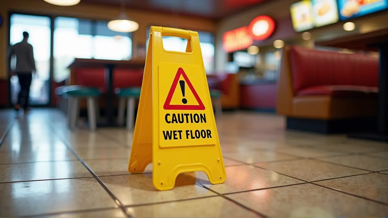 Yellow caution wet floor sign placed on a tile floor inside a restaurant