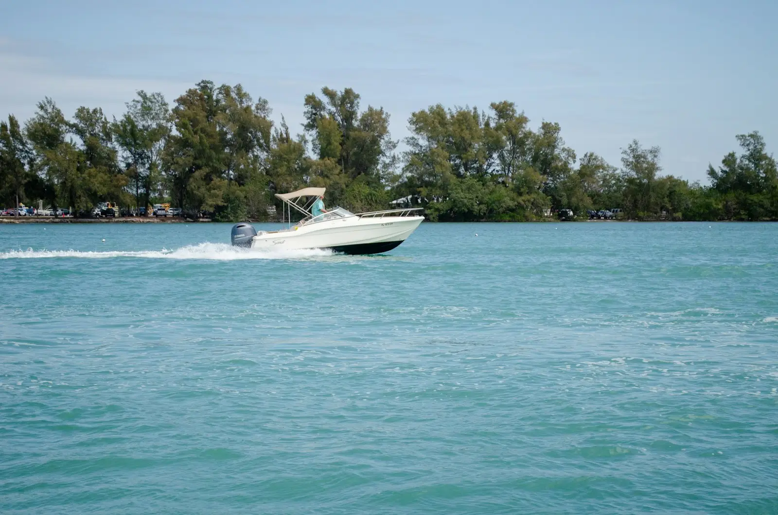Small motorboat speeding across blue body of water near a tree-lined shoreline