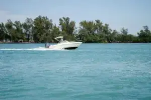 Small motorboat speeding across blue water near a tree-lined shoreline.